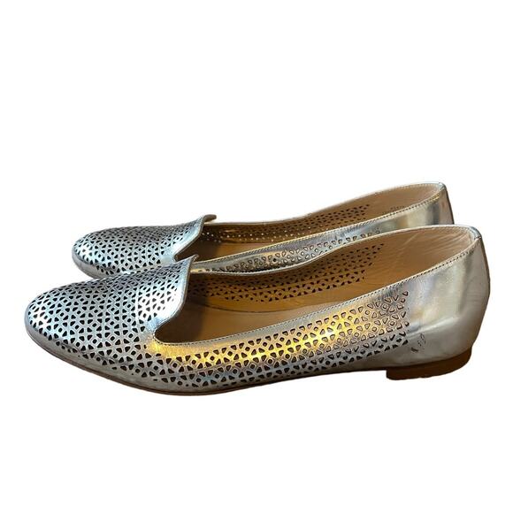 J Crew 9.5 Silver Metallic Lasercut Italian LEATHER Ballet Flats Slip On Loafers - Picture 5 of 10